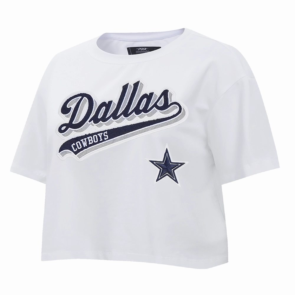 NFL DALLAS COWBOYS SCRIPT TAIL WOMEN'S SINGLE JERSEY BOXY TEE (WHITE)
