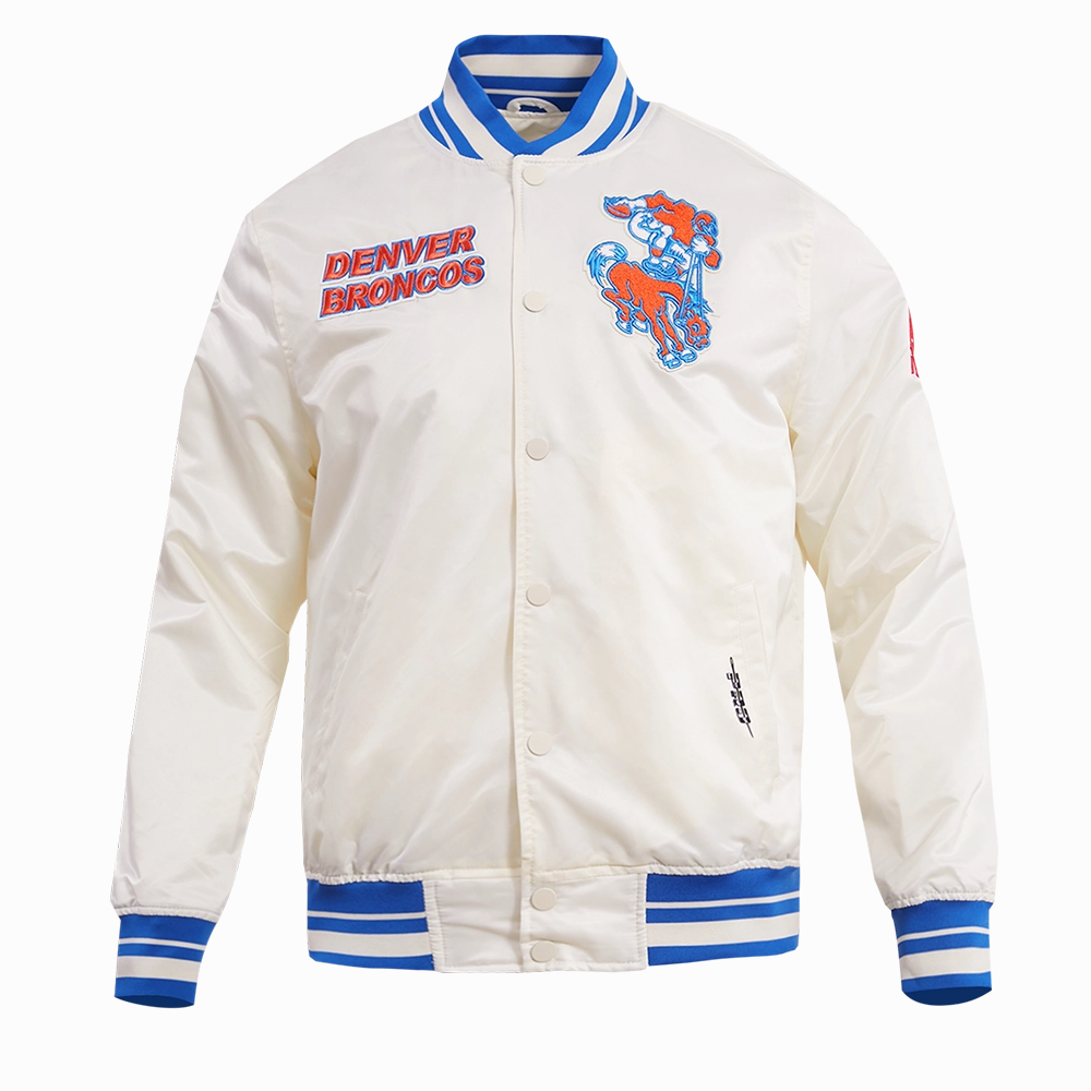 NFL DENVER BRONCOS RETRO CLASSIC MEN'S RIB SATIN JACKET (EGGSHELL/ ROYAL BLUE)