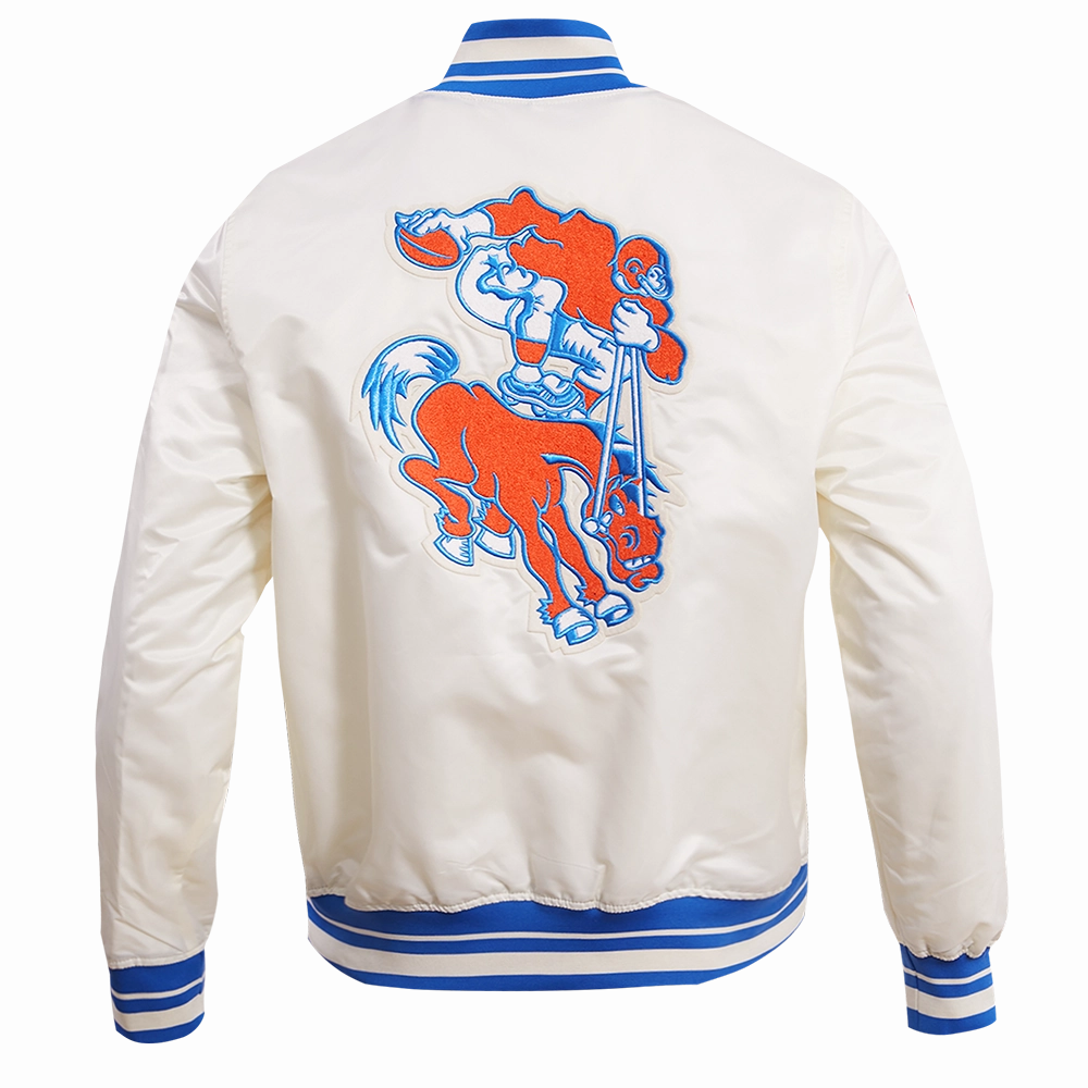 NFL DENVER BRONCOS RETRO CLASSIC MEN'S RIB SATIN JACKET (EGGSHELL/ ROYAL BLUE)