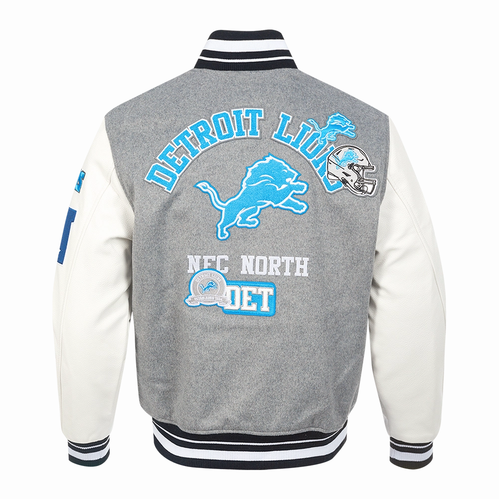 NFL DETROIT LIONS AREA CODE MEN'S RIB WOOL VARSITY JACKET (HEATHER GREY/WHITE/BLACK)
