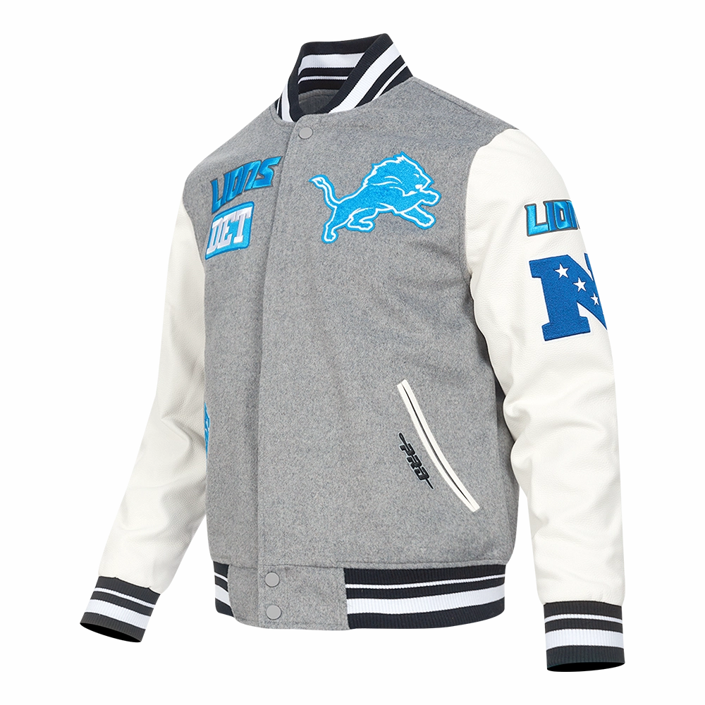 NFL DETROIT LIONS AREA CODE MEN'S RIB WOOL VARSITY JACKET (HEATHER GREY/WHITE/BLACK)
