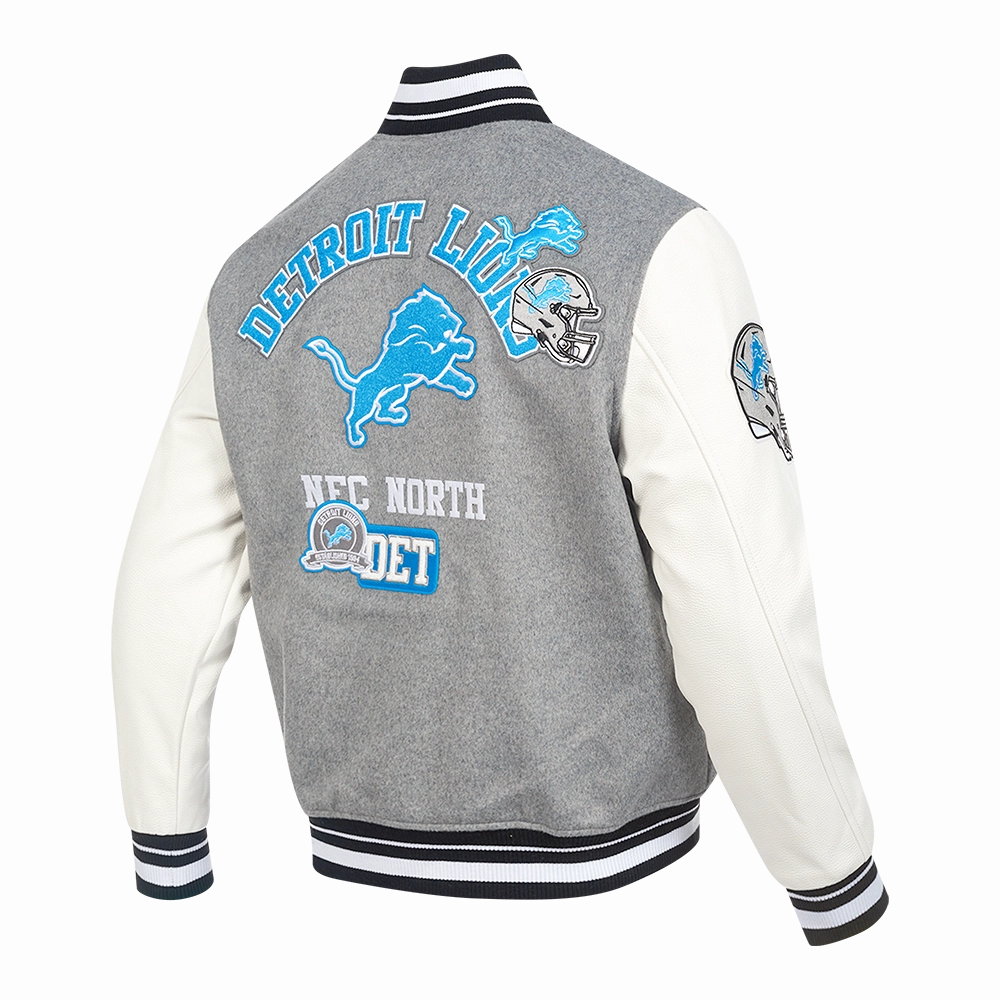 NFL DETROIT LIONS AREA CODE MEN'S RIB WOOL VARSITY JACKET (HEATHER GREY/WHITE/BLACK)