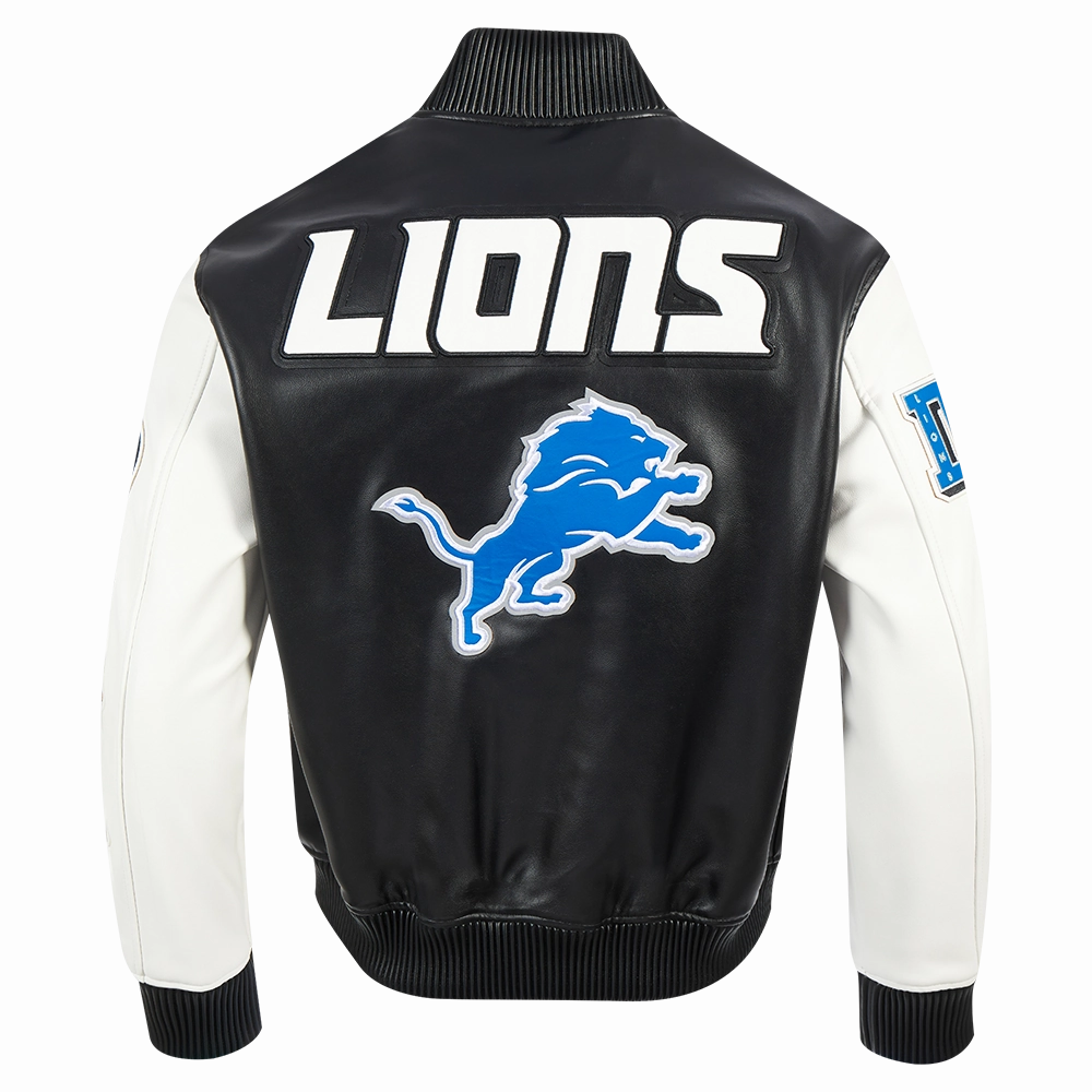 NFL DETROIT LIONS CITY SIGNATURE MEN'S LEATHER VARSITY JACKET (BLACK/WHITE)