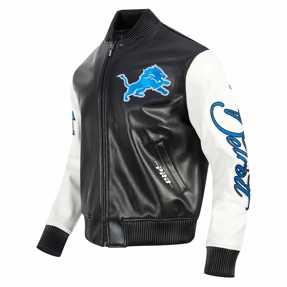 NFL DETROIT LIONS CITY SIGNATURE MEN'S LEATHER VARSITY JACKET (BLACK/WHITE)
