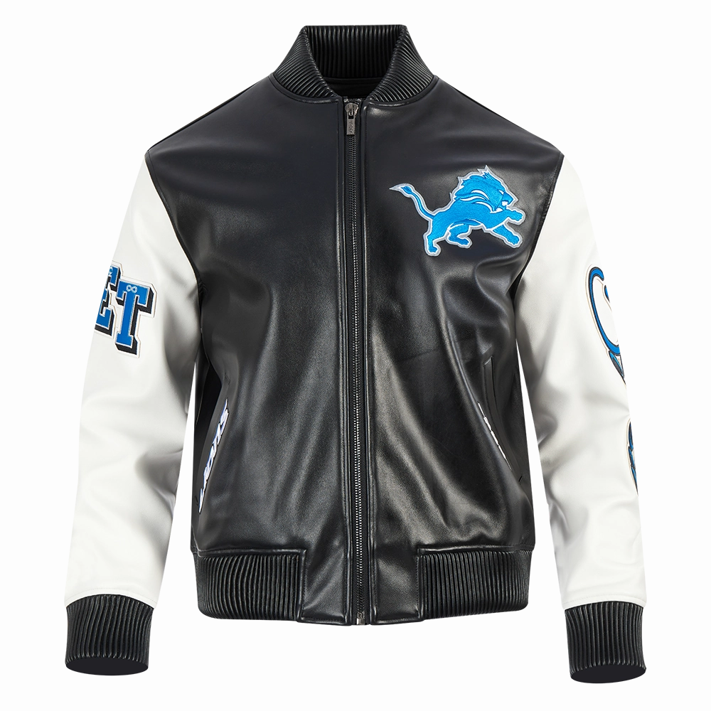 NFL DETROIT LIONS CITY SIGNATURE MEN'S LEATHER VARSITY JACKET (BLACK/WHITE)