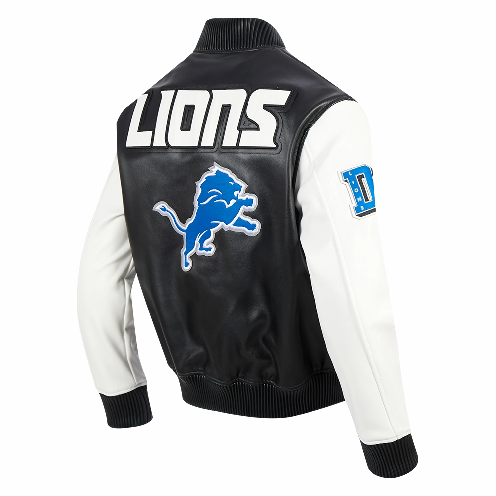 NFL DETROIT LIONS CITY SIGNATURE MEN'S LEATHER VARSITY JACKET (BLACK/WHITE)