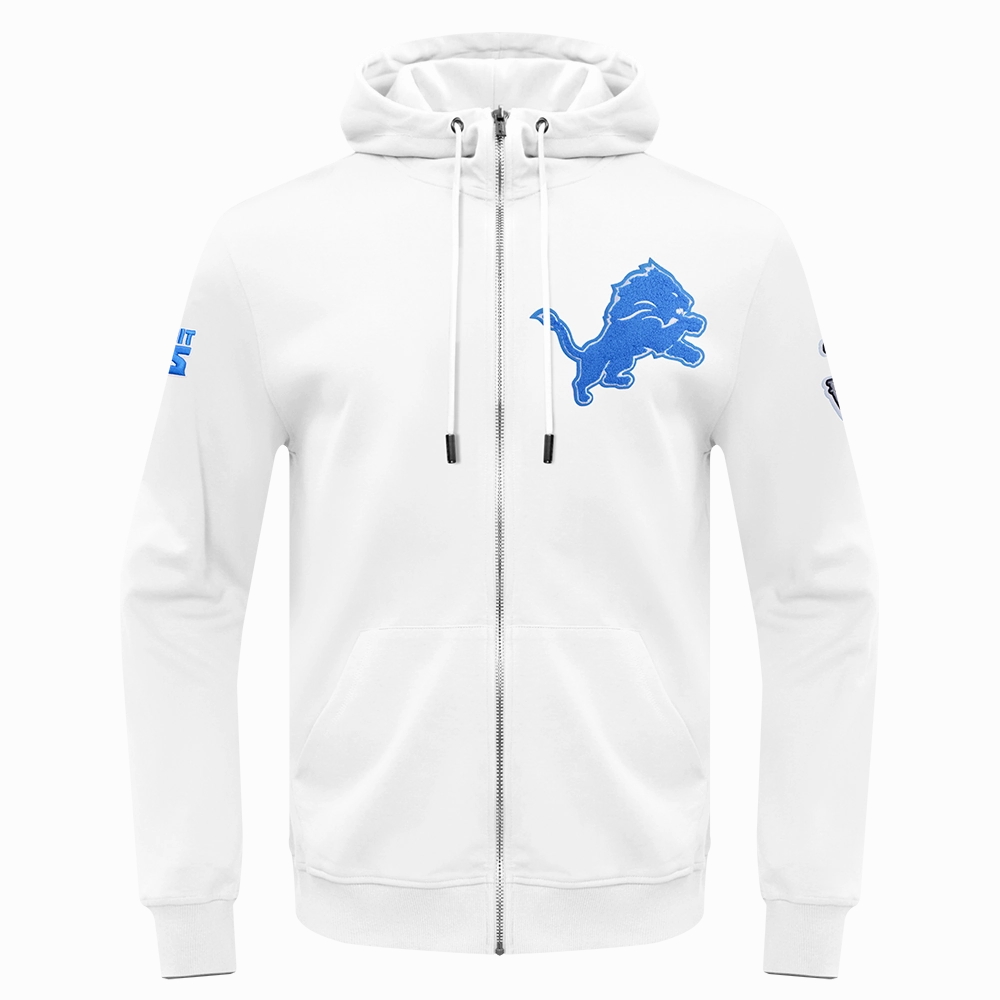 NFL DETROIT LIONS CLASSIC CHENILLE MEN'S DOUBLE KNIT  FULL ZIP PULLOVER HOODIE (WHITE)