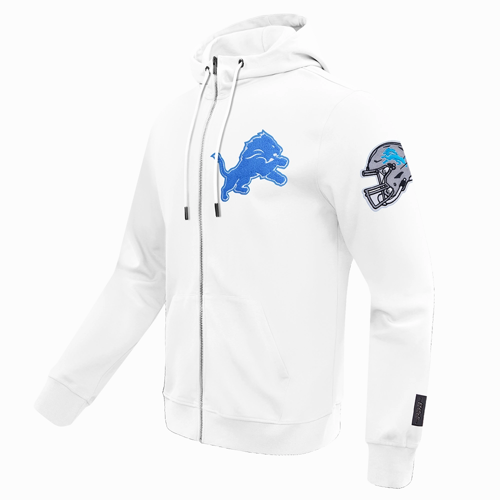 NFL DETROIT LIONS CLASSIC CHENILLE MEN'S DOUBLE KNIT  FULL ZIP PULLOVER HOODIE (WHITE)