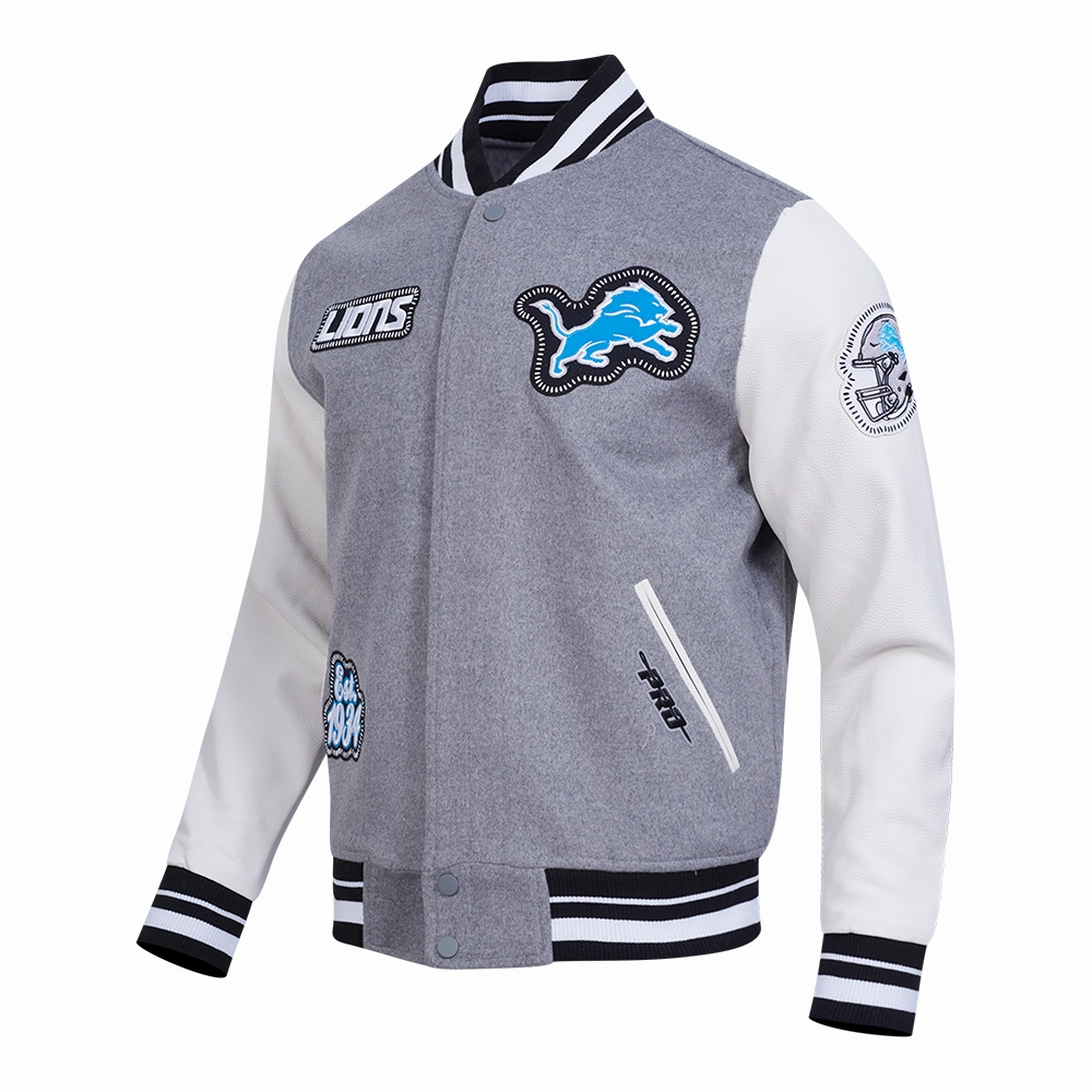 NFL DETROIT LIONS DIY PICK STITCH MEN'S RIB WOOL VARSITY JACKET (HEATHER GREY/WHITE/BLACK)