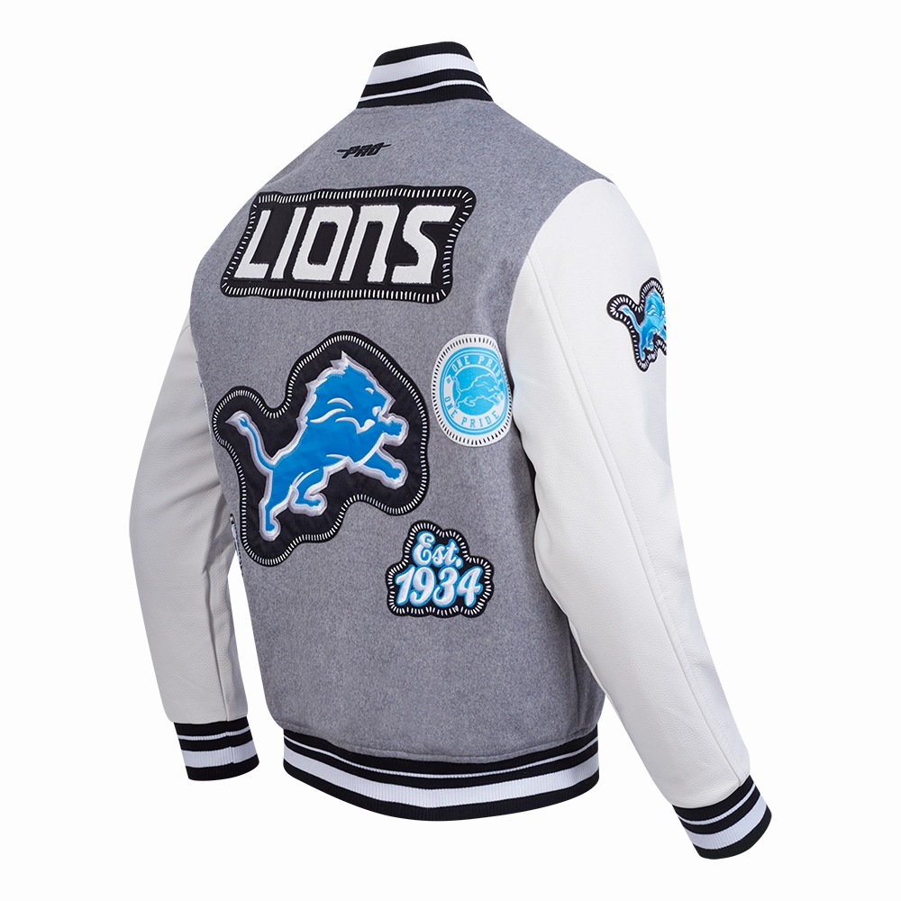 NFL DETROIT LIONS DIY PICK STITCH MEN'S RIB WOOL VARSITY JACKET (HEATHER GREY/WHITE/BLACK)