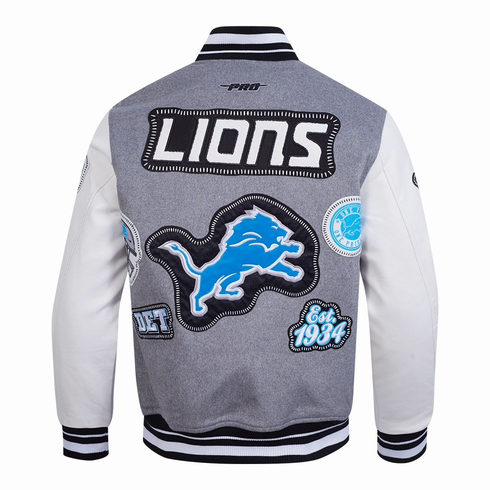 NFL DETROIT LIONS DIY PICK STITCH MEN'S RIB WOOL VARSITY JACKET (HEATHER GREY/WHITE/BLACK)