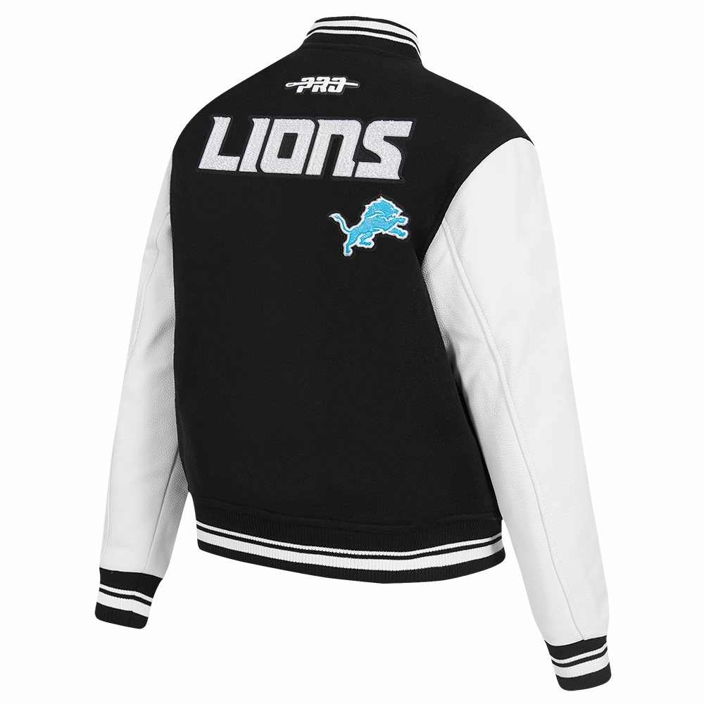 NFL DETROIT LIONS GAME DAY CLASSICS WOMEN'S WOOL VARSITY JACKET (BLACK/WHITE)