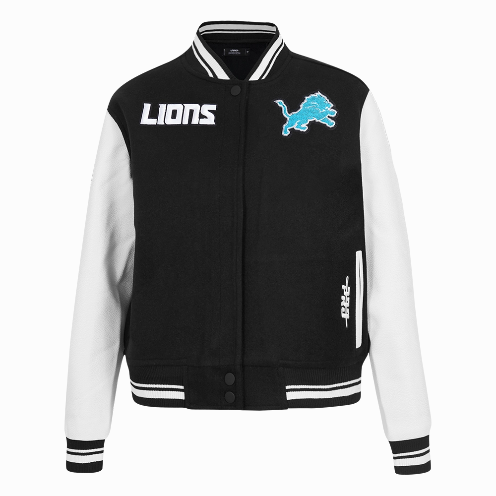 NFL DETROIT LIONS GAME DAY CLASSICS WOMEN'S WOOL VARSITY JACKET (BLACK/WHITE)
