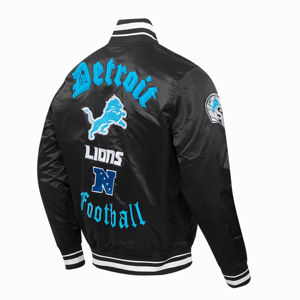 NFL DETROIT LIONS OLD ENGLISH MEN'S RIB SATIN JACKET (BLACK)