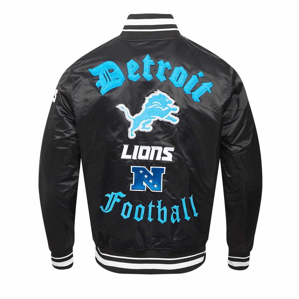 NFL DETROIT LIONS OLD ENGLISH MEN'S RIB SATIN JACKET (BLACK)