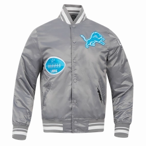 NFL DETROIT LIONS OLD ENGLISH MEN'S RIB SATIN JACKET (GRAY)