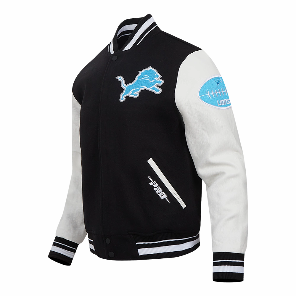 NFL DETROIT LIONS OLD ENGLISH MEN'S RIB WOOL VARSITY JACKET (BLACK/WHITE)