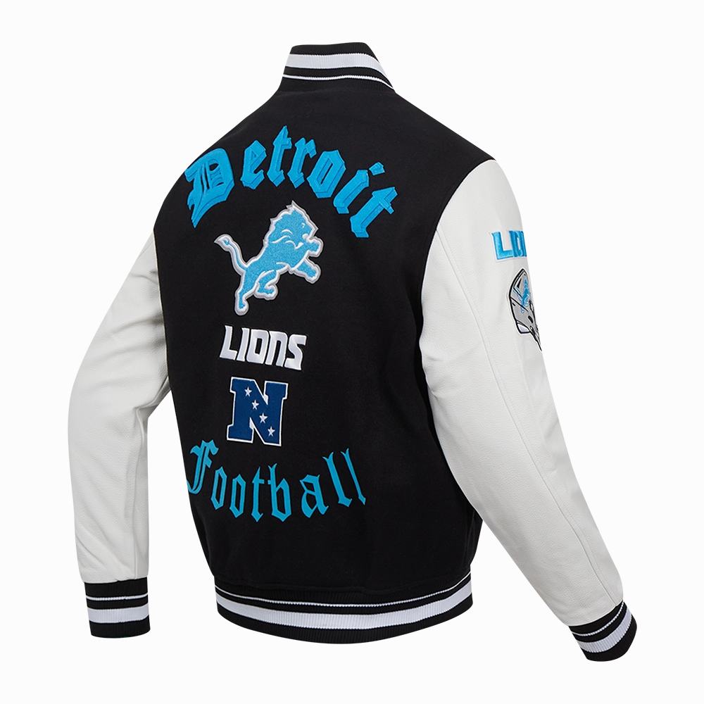 NFL DETROIT LIONS OLD ENGLISH MEN'S RIB WOOL VARSITY JACKET (BLACK/WHITE)