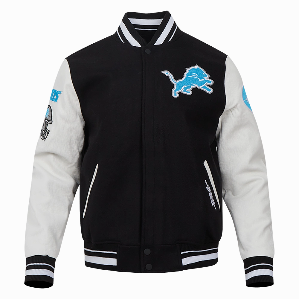 NFL DETROIT LIONS OLD ENGLISH MEN'S RIB WOOL VARSITY JACKET (BLACK/WHITE)