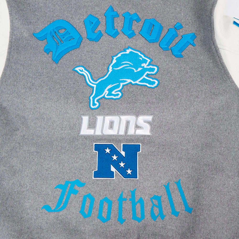 NFL DETROIT LIONS OLD ENGLISH MEN'S RIB WOOL VARSITY JACKET (HEATHER GREY/WHITE/BLACK)