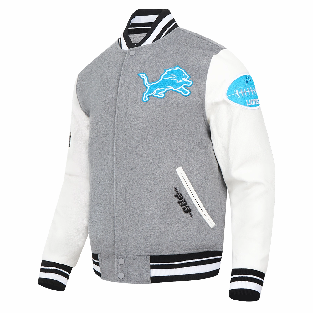NFL DETROIT LIONS OLD ENGLISH MEN'S RIB WOOL VARSITY JACKET (HEATHER GREY/WHITE/BLACK)