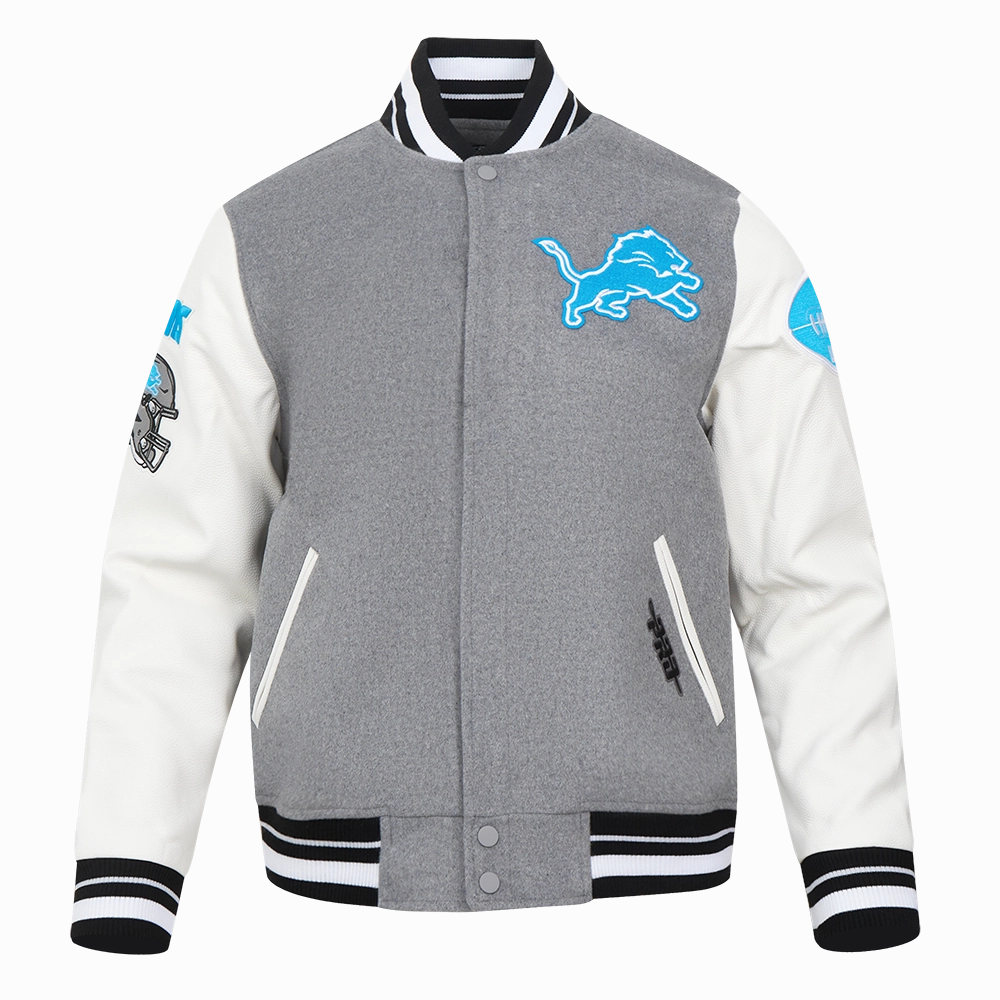 NFL DETROIT LIONS OLD ENGLISH MEN'S RIB WOOL VARSITY JACKET (HEATHER GREY/WHITE/BLACK)