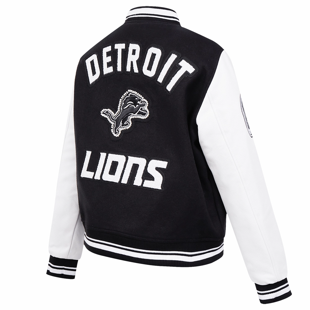 NFL DETROIT LIONS PEARLS WOMEN'S RIB WOOL VARSITY JACKET (BLACK/WHITE)