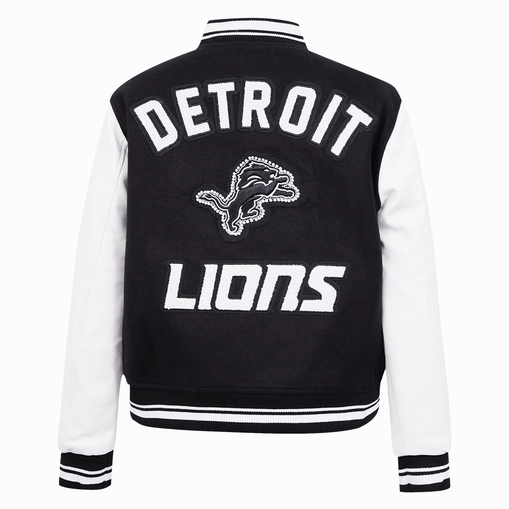 NFL DETROIT LIONS PEARLS WOMEN'S RIB WOOL VARSITY JACKET (BLACK/WHITE)
