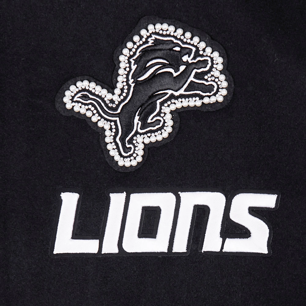 NFL DETROIT LIONS PEARLS WOMEN'S RIB WOOL VARSITY JACKET (BLACK/WHITE)