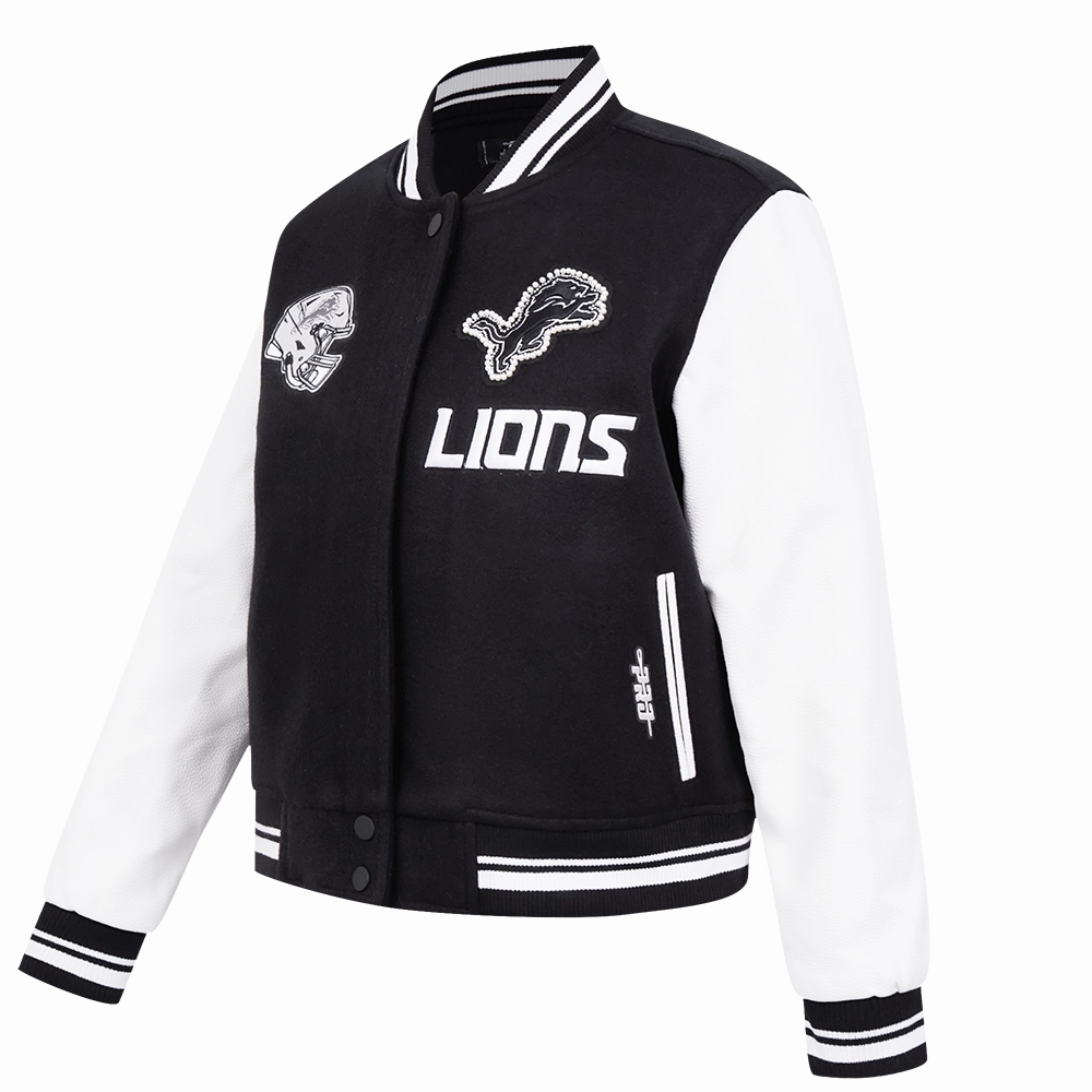 NFL DETROIT LIONS PEARLS WOMEN'S RIB WOOL VARSITY JACKET (BLACK/WHITE)