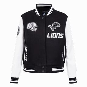 NFL DETROIT LIONS PEARLS WOMEN'S RIB WOOL VARSITY JACKET (BLACK/WHITE)