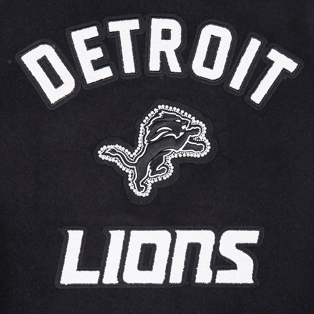 NFL DETROIT LIONS PEARLS WOMEN'S RIB WOOL VARSITY JACKET (BLACK/WHITE)