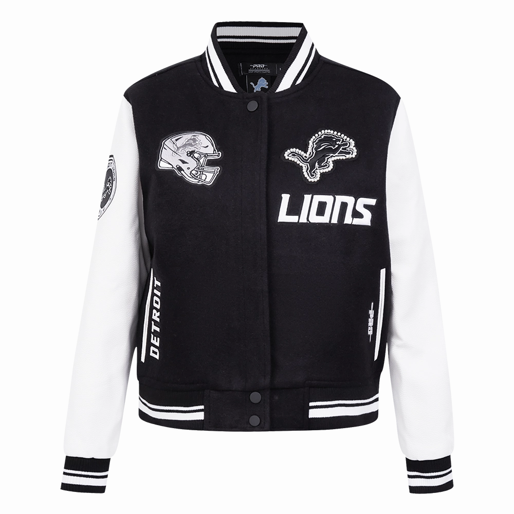 NFL DETROIT LIONS PEARLS WOMEN'S RIB WOOL VARSITY JACKET (BLACK/WHITE)
