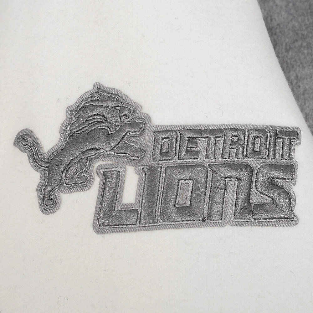 NFL DETROIT LIONS REVERSE FRENCH TERRY MEN'S COLOR BLOCK WOOL VARSITY JACKET (BLACK/GRAY/EGGSHELL)