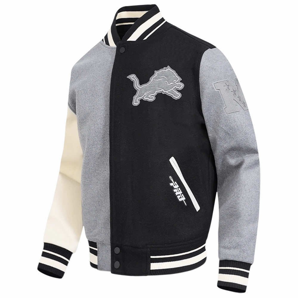 NFL DETROIT LIONS REVERSE FRENCH TERRY MEN'S COLOR BLOCK WOOL VARSITY JACKET (BLACK/GRAY/EGGSHELL)