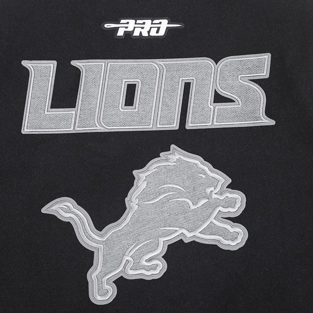 NFL DETROIT LIONS REVERSE FRENCH TERRY MEN'S COLOR BLOCK WOOL VARSITY JACKET (BLACK/GRAY/EGGSHELL)