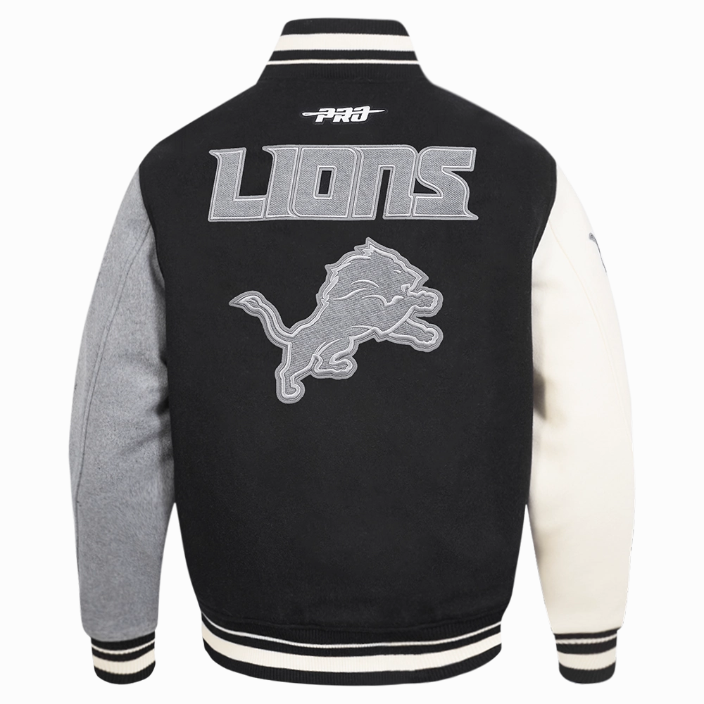 NFL DETROIT LIONS REVERSE FRENCH TERRY MEN'S COLOR BLOCK WOOL VARSITY JACKET (BLACK/GRAY/EGGSHELL)