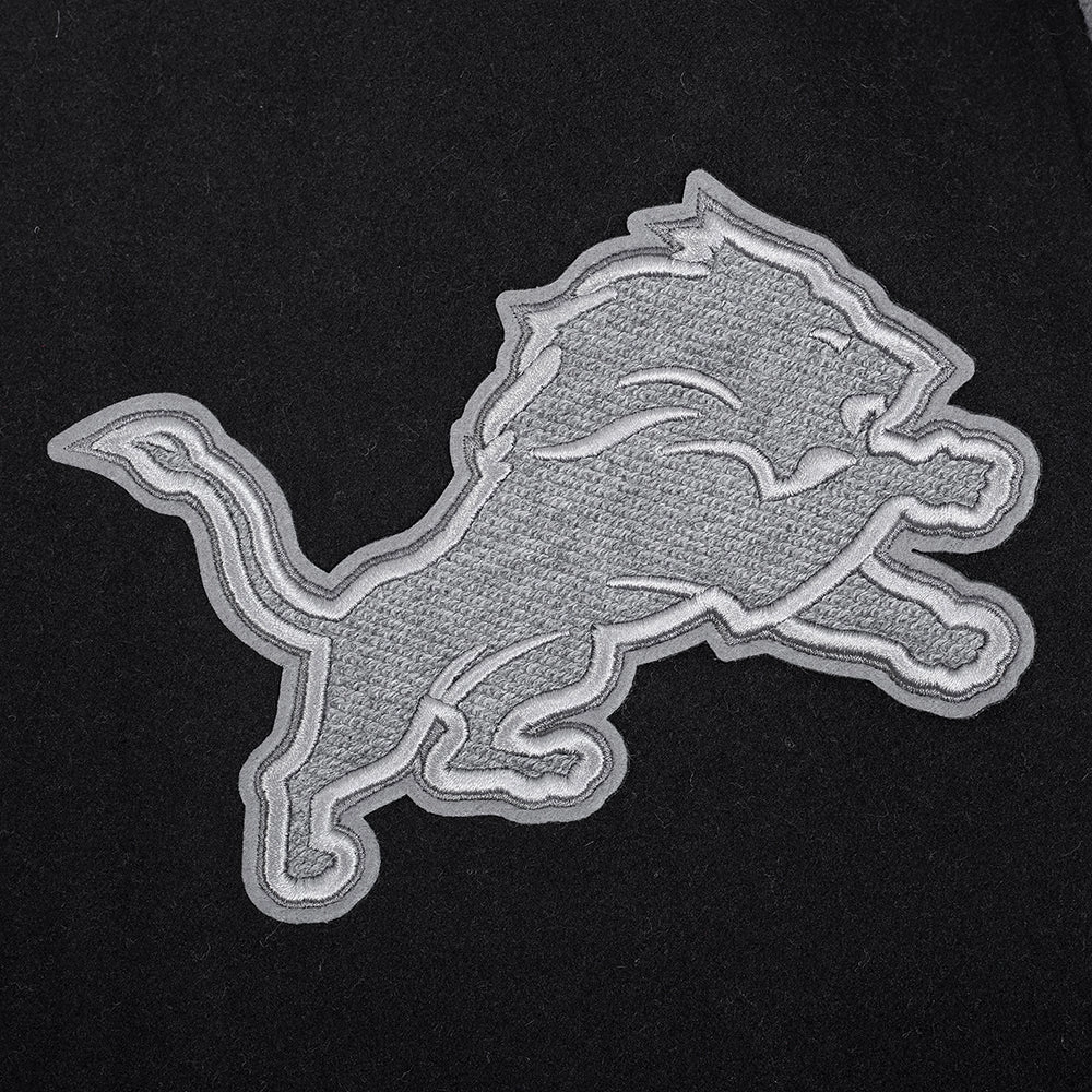 NFL DETROIT LIONS REVERSE FRENCH TERRY MEN'S COLOR BLOCK WOOL VARSITY JACKET (BLACK/GRAY/EGGSHELL)