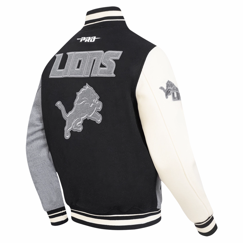 NFL DETROIT LIONS REVERSE FRENCH TERRY MEN'S COLOR BLOCK WOOL VARSITY JACKET (BLACK/GRAY/EGGSHELL)