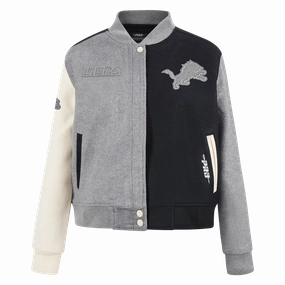 NFL DETROIT LIONS REVERSE FRENCH TERRY WOMEN'S WOOL VARSITY JACKET (BLACK/GRAY/EGGSHELL)