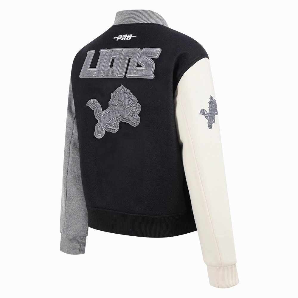 NFL DETROIT LIONS REVERSE FRENCH TERRY WOMEN'S WOOL VARSITY JACKET (BLACK/GRAY/EGGSHELL)