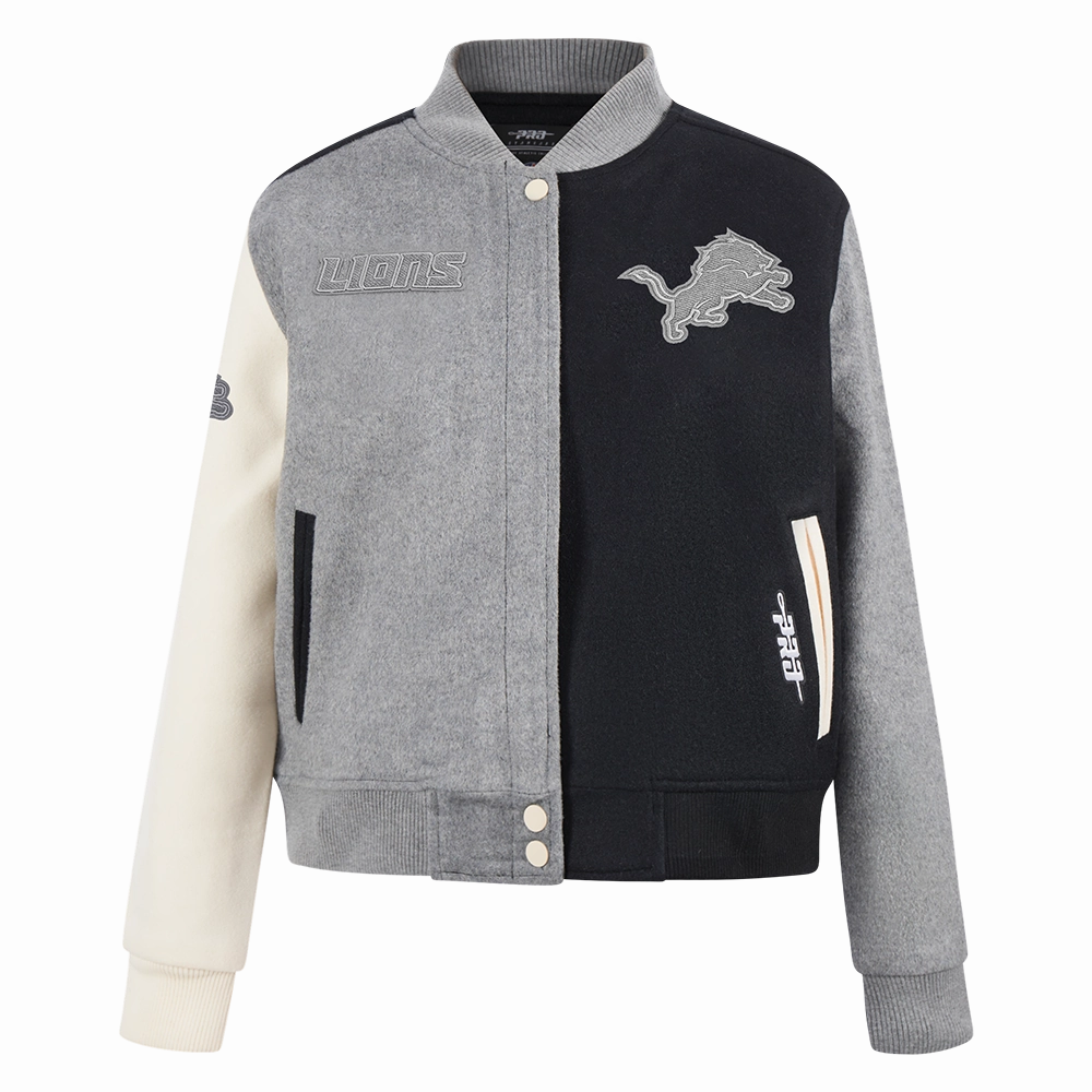 NFL DETROIT LIONS REVERSE FRENCH TERRY WOMEN'S WOOL VARSITY JACKET (BLACK/GRAY/EGGSHELL)