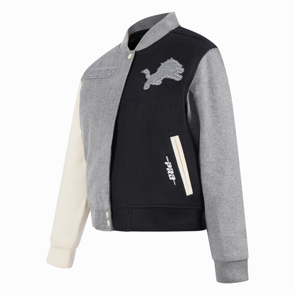 NFL DETROIT LIONS REVERSE FRENCH TERRY WOMEN'S WOOL VARSITY JACKET (BLACK/GRAY/EGGSHELL)