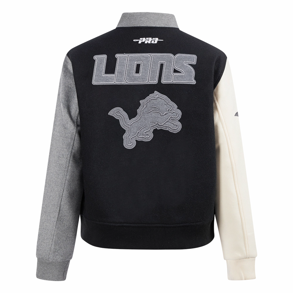 NFL DETROIT LIONS REVERSE FRENCH TERRY WOMEN'S WOOL VARSITY JACKET (BLACK/GRAY/EGGSHELL)