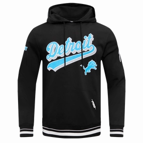 NFL DETROIT LIONS SCRIPT TAIL MEN'S RIB FLEECE PULLOVER HOODIE (BLACK)
