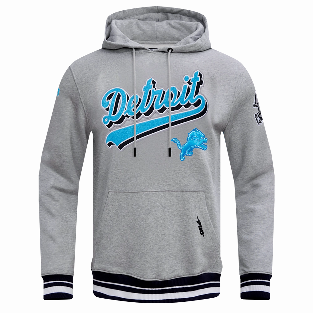 NFL DETROIT LIONS SCRIPT TAIL MEN'S RIB FLEECE PULLOVER HOODIE (HEATHER GRAY/BLACK)