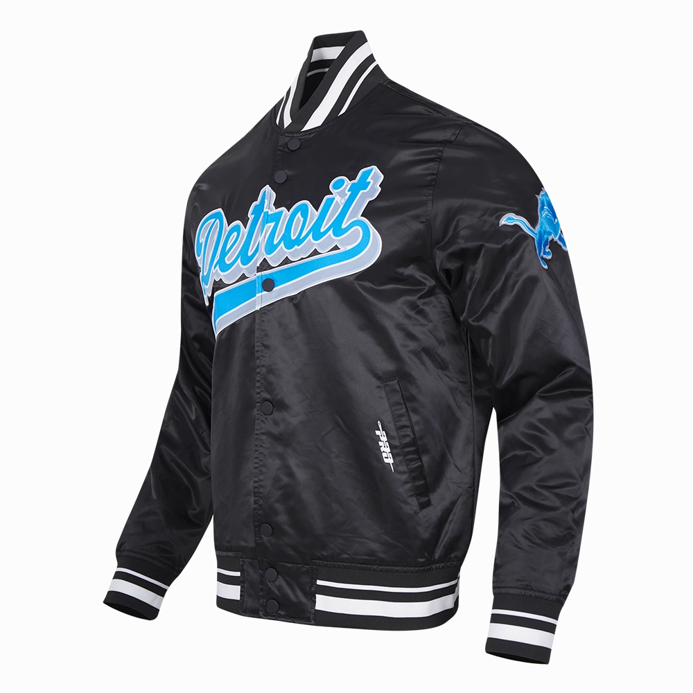 NFL DETROIT LIONS SCRIPT TAIL MEN'S SATIN JACKET (BLACK)