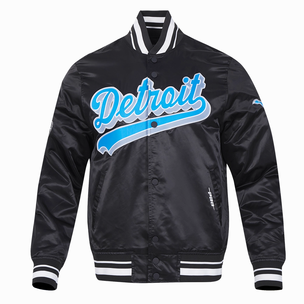NFL DETROIT LIONS SCRIPT TAIL MEN'S SATIN JACKET (BLACK)