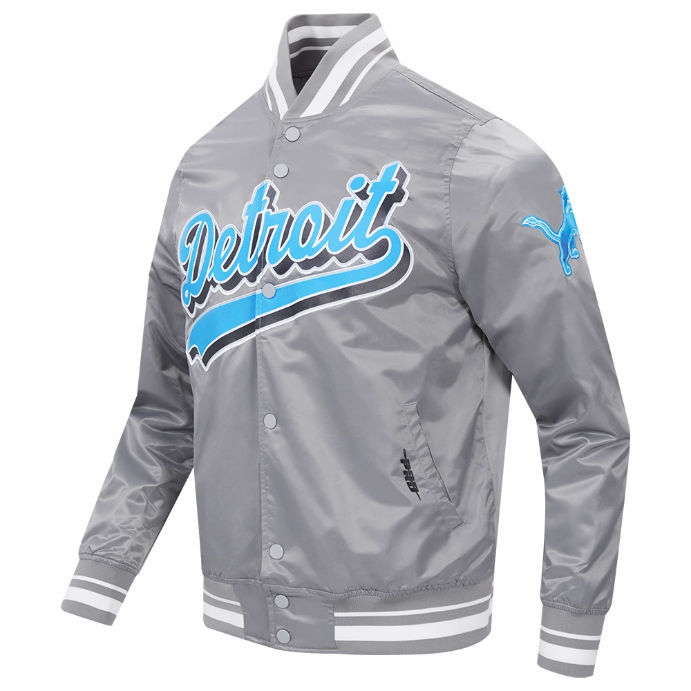 NFL DETROIT LIONS SCRIPT TAIL MEN'S SATIN JACKET (GRAY)