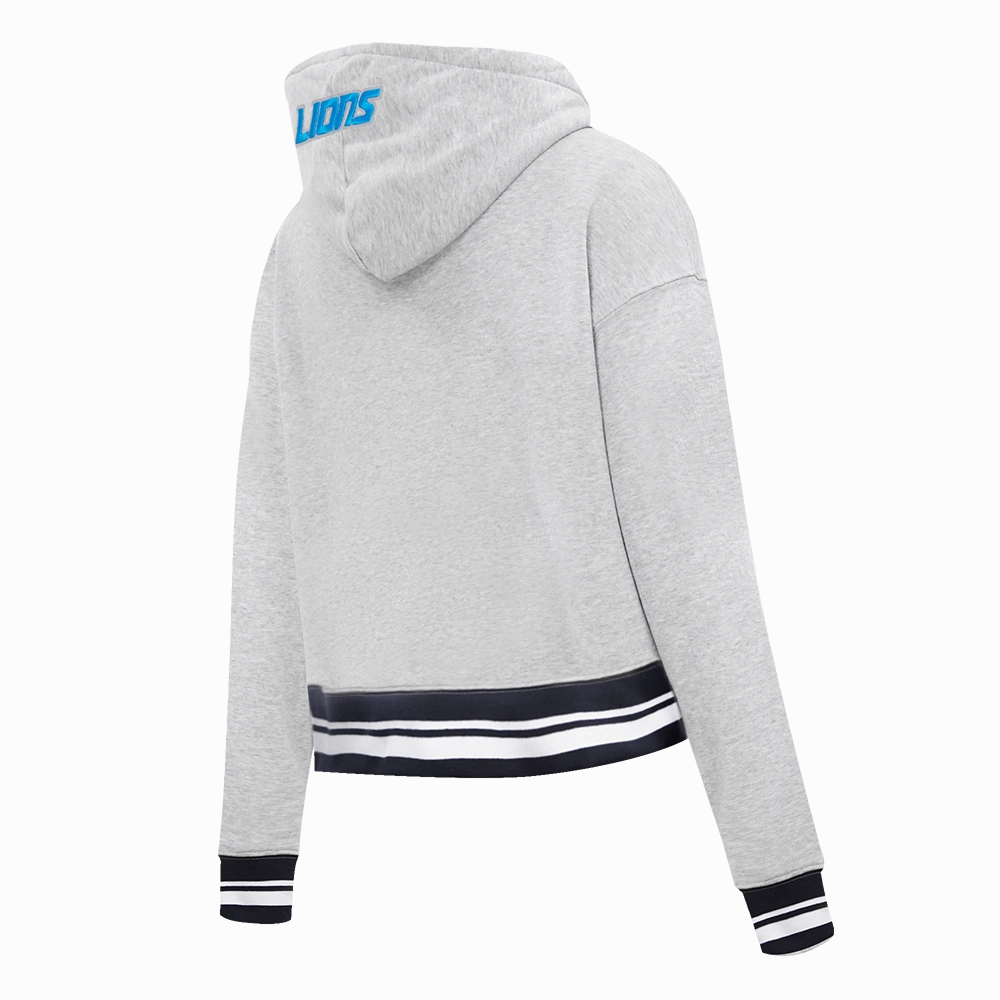 NFL DETROIT LIONS SCRIPT TAIL WOMEN'S RIB FLEECE CROPPED PULLOVER HOODIE (HEATHER GRAY/BLACK)